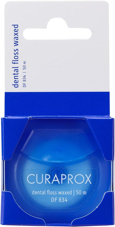 Curaprox seda dental DF 834, seda dental encerada, Curen microfibra, encerada con menta para espacios estrechos, blanca, 50 m